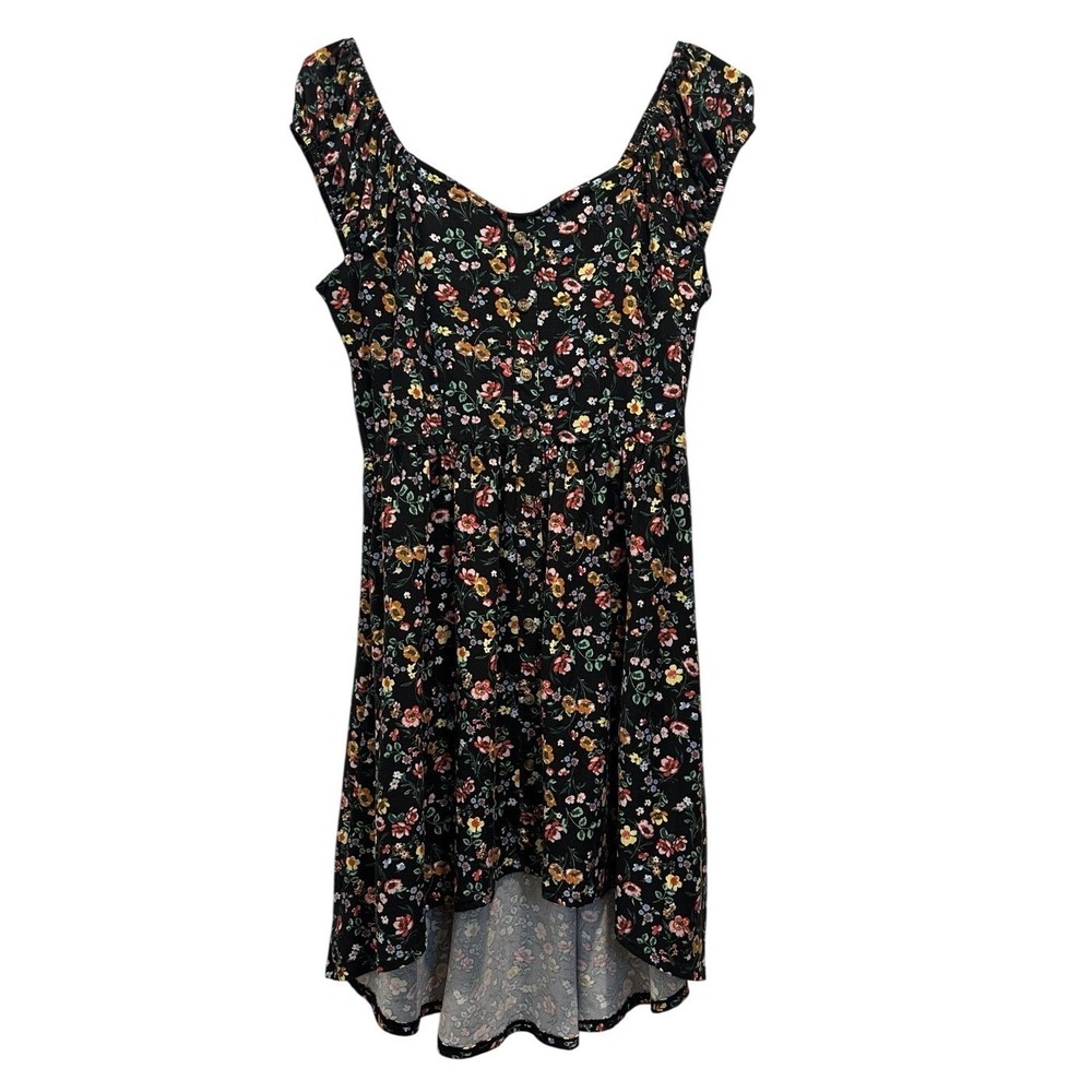 Black Floral Print Button Detail High Low Dress L G 11 13 Y2K